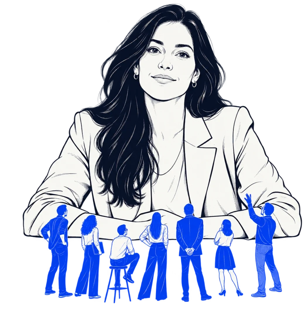 A woman leaning on a counter, with seven people drawn in blue standing at it and looking up at her